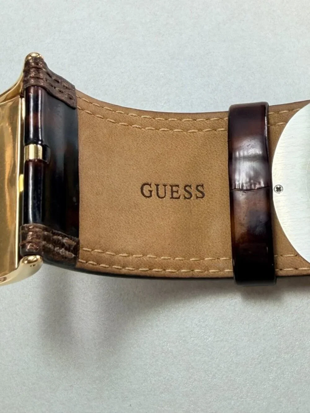 Guess Wide Cuff Watch Brown Leather Gold Tone Statement Watch